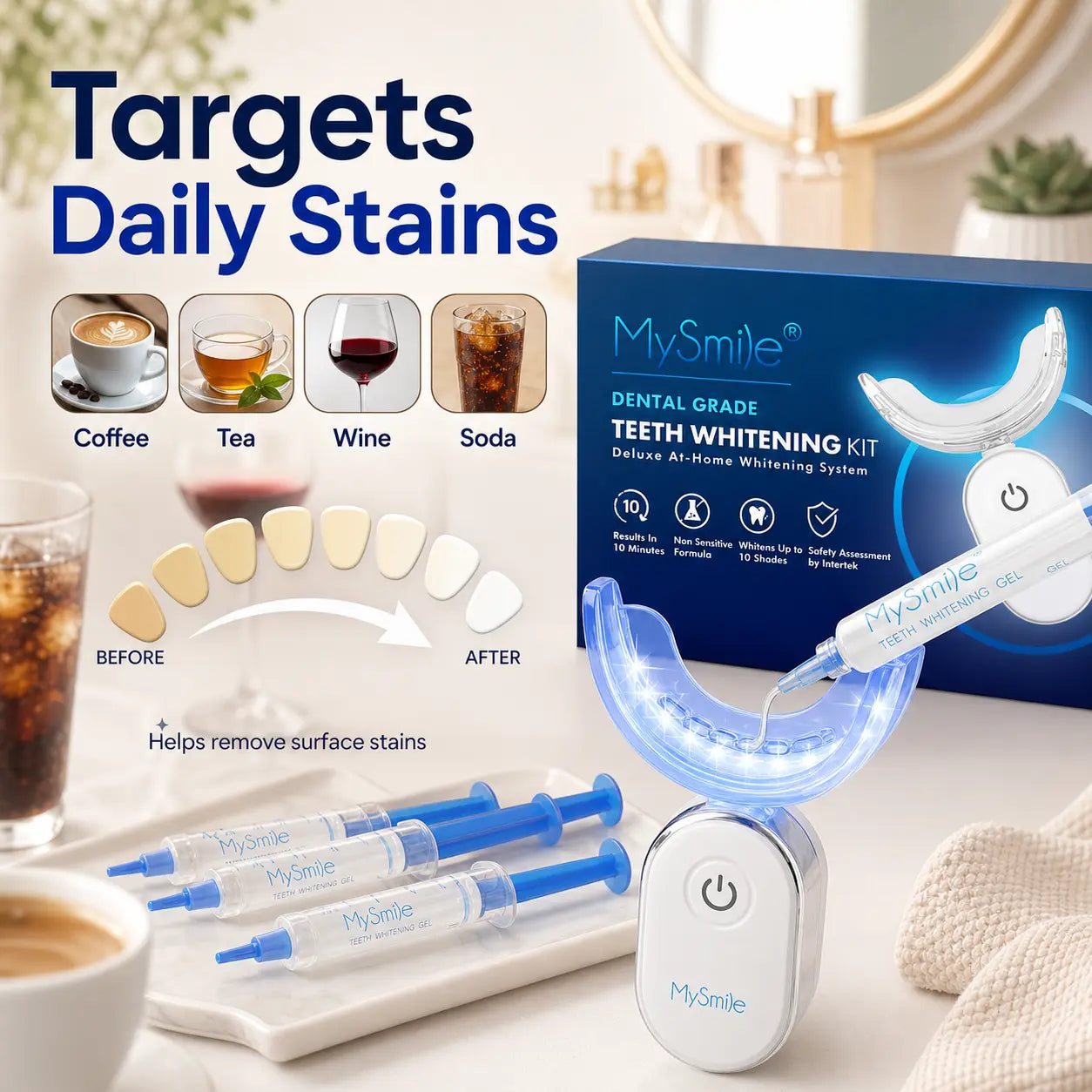 Mysmile Professional LED Teeth Whitening Kit - 10-Minute Treatment with 28X Bulbs and 3 Gel Syringes, Safe for Sensitive Teeth