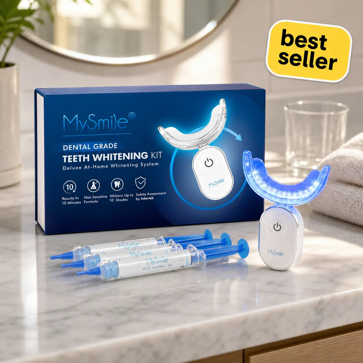 Mysmile Professional LED Teeth Whitening Kit - 10-Minute Treatment with 28X Bulbs and 3 Gel Syringes, Safe for Sensitive Teeth