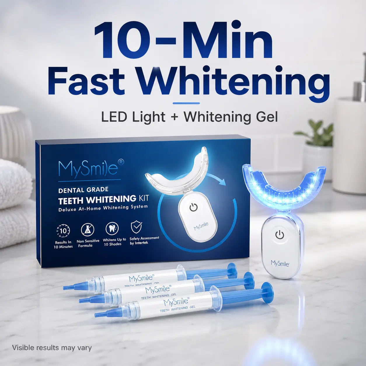 Mysmile Professional LED Teeth Whitening Kit - 10-Minute Treatment with 28X Bulbs and 3 Gel Syringes, Safe for Sensitive Teeth